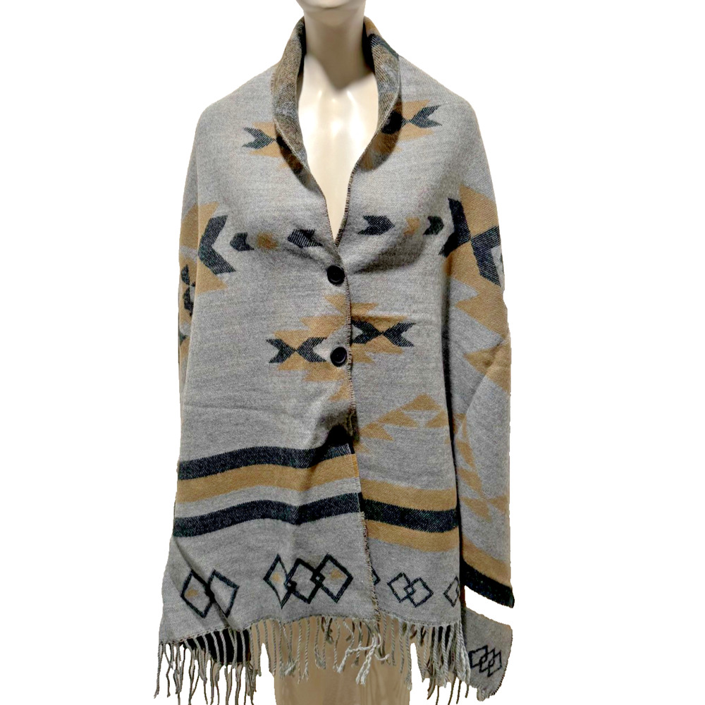 Aldo Scarf Button Wrap Poncho Fringe Gray Tan Black Fringe 190x65 cm Southwest